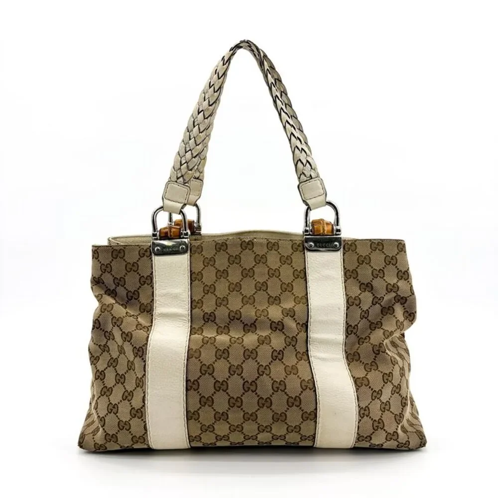 Gucci GG Canvas Bamboo Tote Bag White